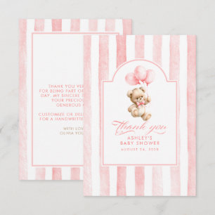 Tarjeta De Agradecimiento Globos rosados y oso de peluche Baby Shower