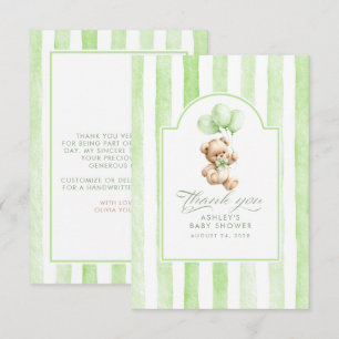 Tarjeta De Agradecimiento Globos verdes y oso de peluche Baby Shower