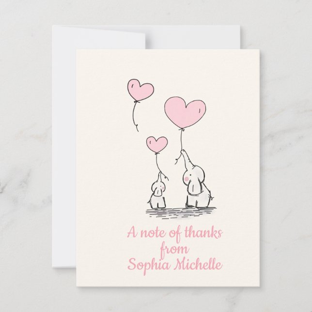 Tarjeta De Agradecimiento Globos y elefantes elegantes del corazón del rosa (Anverso)