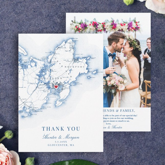 Tarjeta De Agradecimiento Gloucester Cape Ann MAMÁES Boda Flat (These Gloucester, MA map thank you cards are perfect for your Cape Ann destination wedding)