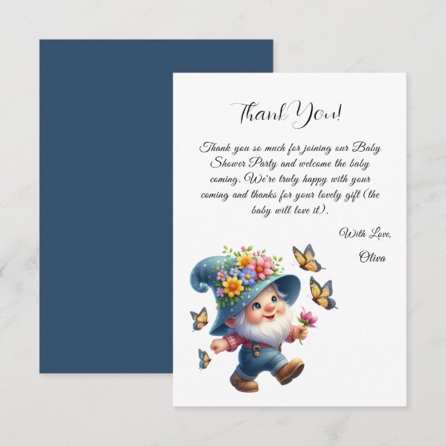 Tarjeta De Agradecimiento Gnome feliz lindo con Baby Shower de mariposa (Anverso / Reverso)