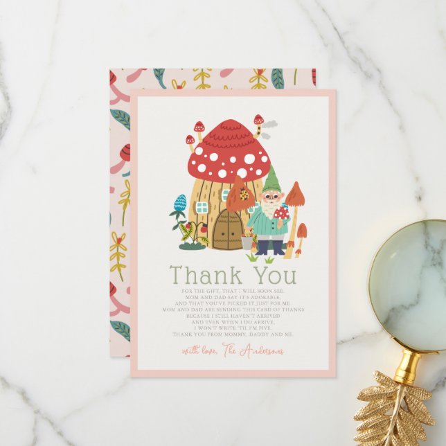 Tarjeta De Agradecimiento Gnome Garden Mushroom Chica rosa Baby Shower (Anverso/Reverso In Situ)