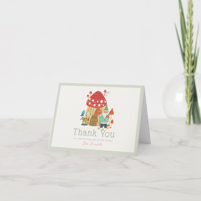 Tarjeta De Agradecimiento Gnome Garden Mushroom Green Boy Baby Shower (Anverso)