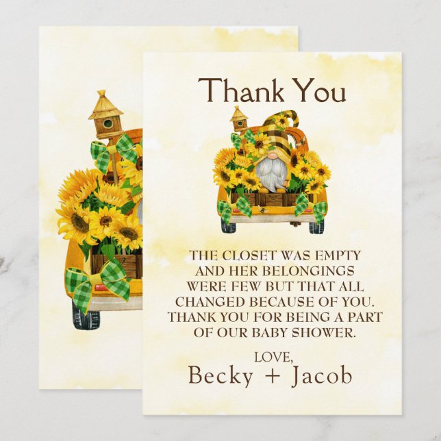 Tarjeta De Agradecimiento Gnome Sunflower Bees Baby Shower Gracias Cartas (Anverso / Reverso)