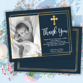 Tarjeta De Agradecimiento Gold and Navy Blue Baptism Photo Thank You Cards