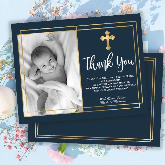 Tarjeta De Agradecimiento Gold and Navy Blue Baptism Photo Thank You Cards (Subido por el creador)