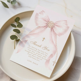 Tarjeta De Agradecimiento Gold Blush Pink Bow Baptism