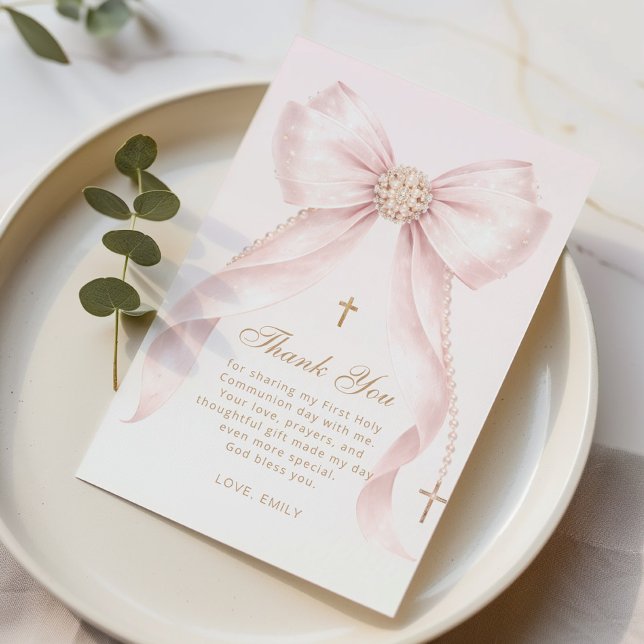 Tarjeta De Agradecimiento Gold Blush Pink Bow Baptism (Subido por el creador)