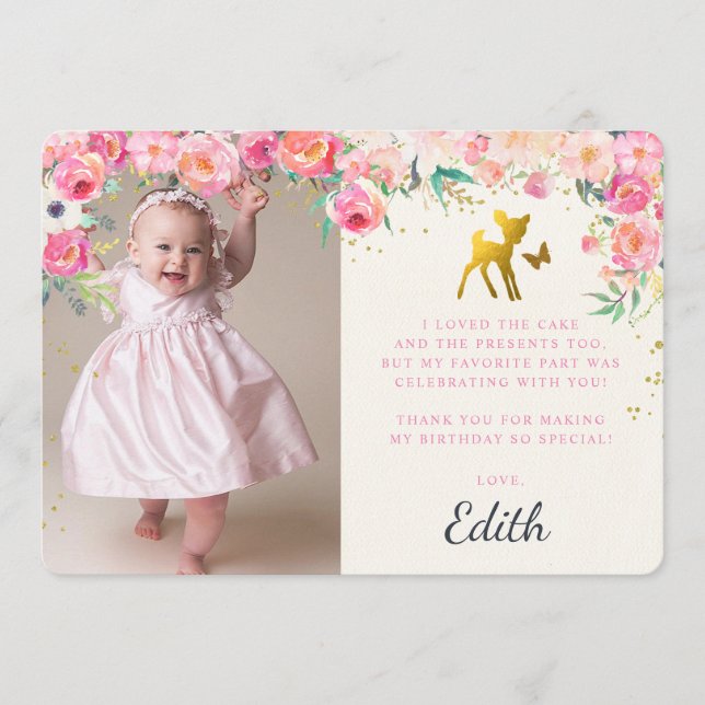 Tarjeta De Agradecimiento Gold Deer & Floral Photo Card (Anverso)