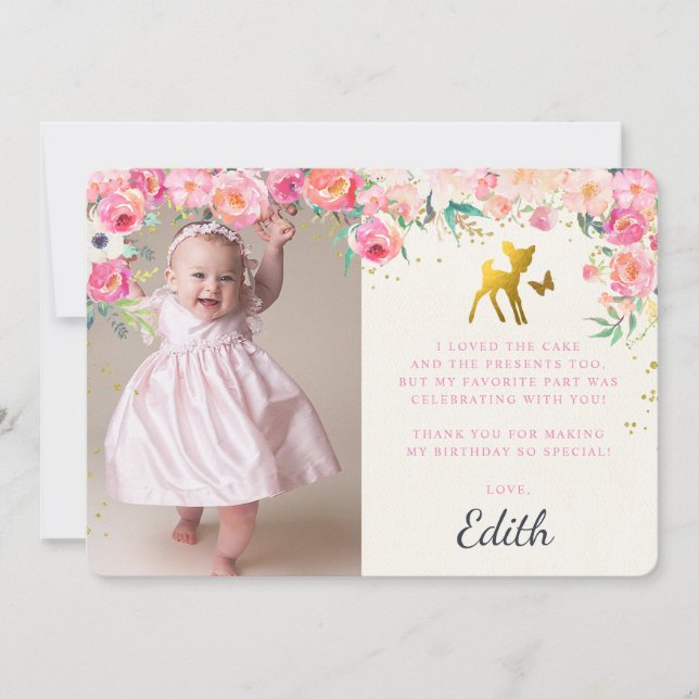Tarjeta De Agradecimiento Gold Deer & Floral Photo Card (Anverso)
