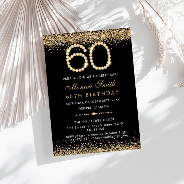 Tarjeta De Agradecimiento Gold Diamonds 60th Birthday Party Invitation (Gold 60th Birthday Party Invitation)
