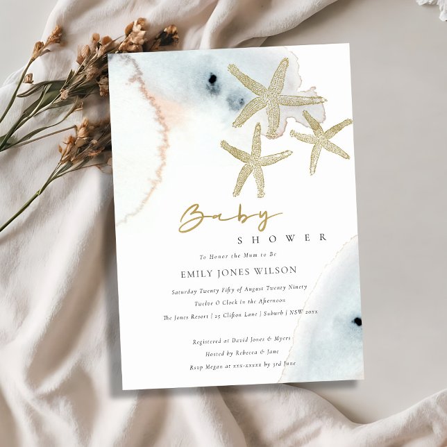 TARJETA DE AGRADECIMIENTO GOLD DUSKY BLUE BEACHY STARFISH BABY SHOWER INVITE (Subido por el creador)