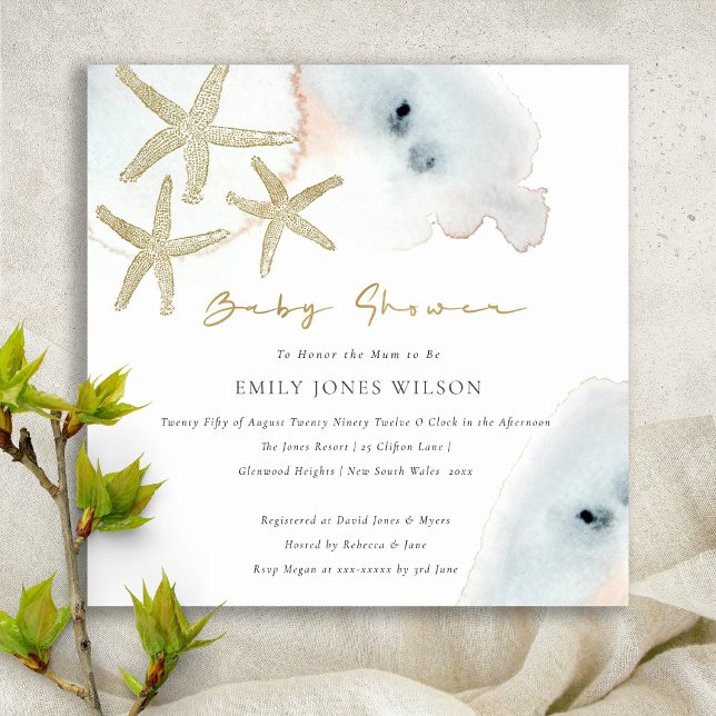 TARJETA DE AGRADECIMIENTO GOLD DUSKY BLUE BEACHY STARFISH BABY SHOWER INVITE (Subido por el creador)