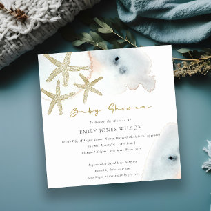 TARJETA DE AGRADECIMIENTO GOLD DUSKY BLUE BEACHY STARFISH BABY SHOWER INVITE