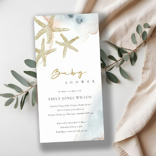 TARJETA DE AGRADECIMIENTO GOLD DUSKY BLUE BEACHY STARFISH BABY SHOWER INVITE