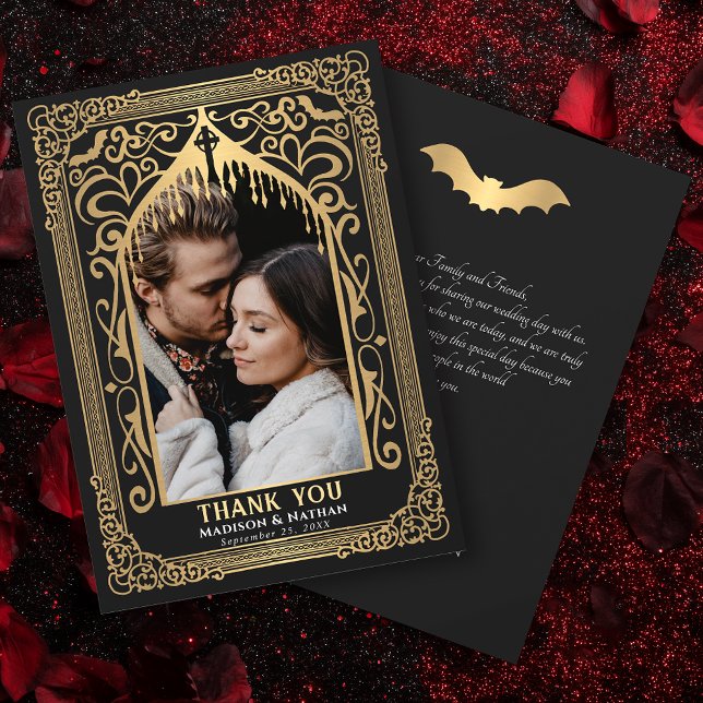 Tarjeta De Agradecimiento Gold Gothic Vampire Cathedral Photo Wedding (Subido por el creador)