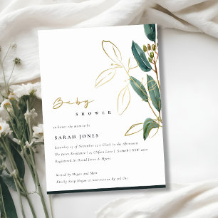TARJETA DE AGRADECIMIENTO GOLD GREEN EUCALYPTUS FOLIAGE BABY SHOWER INVITE