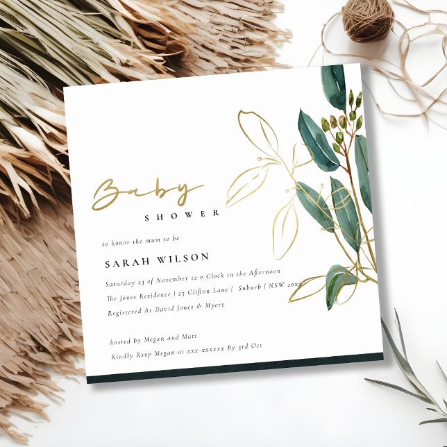 TARJETA DE AGRADECIMIENTO GOLD GREEN EUCALYPTUS FOLIAGE BABY SHOWER INVITE (Subido por el creador)