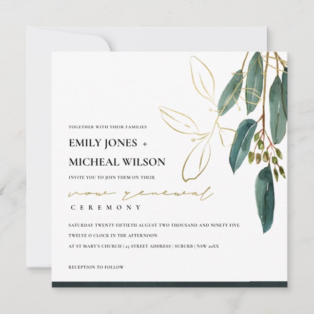 TARJETA DE AGRADECIMIENTO GOLD GREEN EUCALYPTUS FOLIAGE VOW RENEWAL INVITE (Anverso)