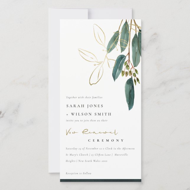 TARJETA DE AGRADECIMIENTO GOLD GREEN EUCALYPTUS FOLIAGE VOW RENEWAL INVITE (Anverso)
