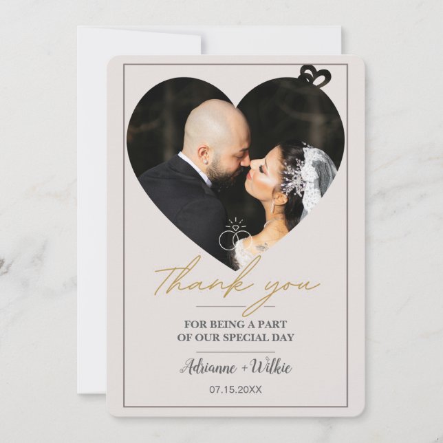 Tarjeta De Agradecimiento Gold Heart Photo Minimalist Wedding Thank You Card (Anverso)