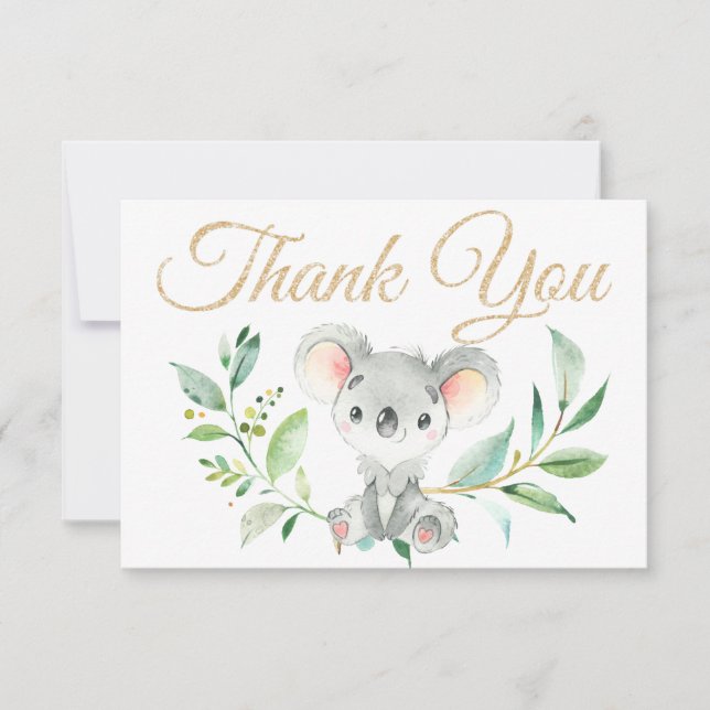 Tarjeta De Agradecimiento Gold Koala y Eucalyptus Baby Shower Gracias (Anverso)