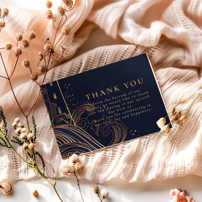 Tarjeta De Agradecimiento Gold Lighthouse Night Wedding (Subido por el creador)