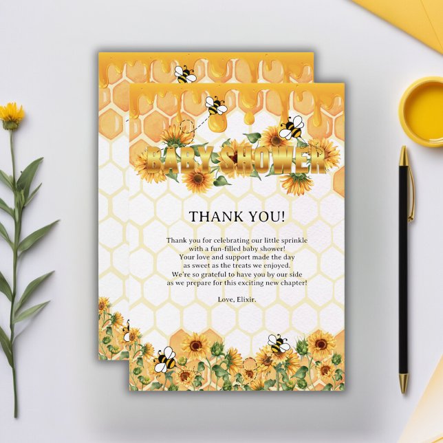 Tarjeta De Agradecimiento Gold Sunflower Honeycomb Honeybee Baby Shower (Subido por el creador)