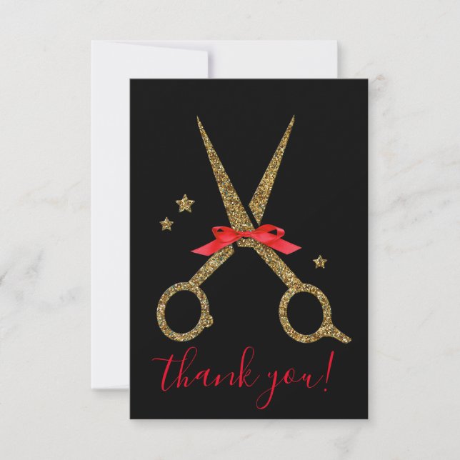 Tarjeta De Agradecimiento Golden glitter scissors - Trendy Modern black Than (Anverso)