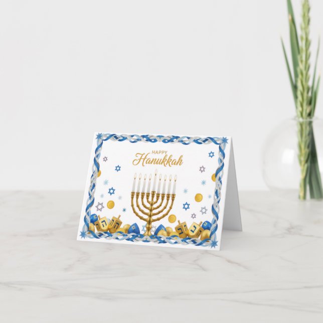 Tarjeta De Agradecimiento Golden Menorah & Dreidel — Happy Hanukkah Card (Anverso)