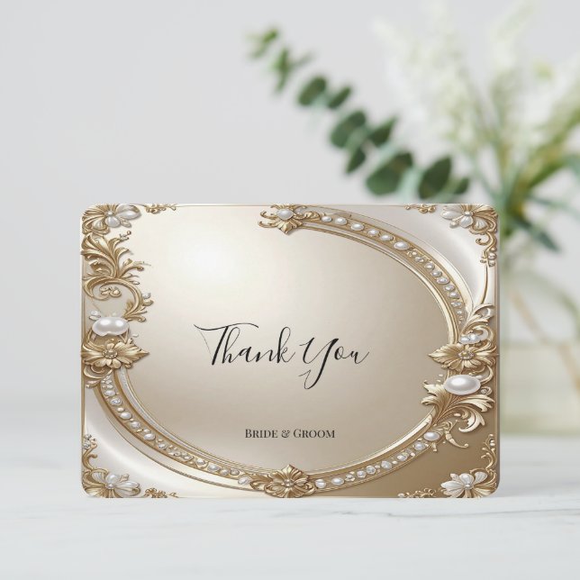 Tarjeta De Agradecimiento Golden Ornate Frame with Pearls Thank You Card (Anverso de pie)