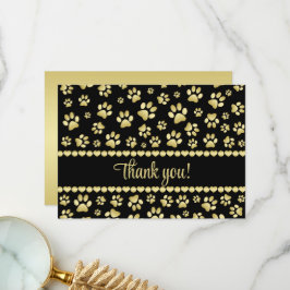 Tarjeta De Agradecimiento Golden Paw Prints on Black with Custom Name