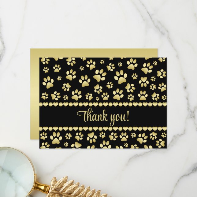 Tarjeta De Agradecimiento Golden Paw Prints on Black with Custom Name (Anverso/Reverso In Situ)