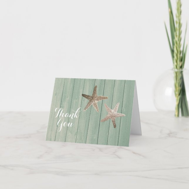 Tarjeta De Agradecimiento Golden Starfish & Wood Elegant Beach Gracias (Anverso)