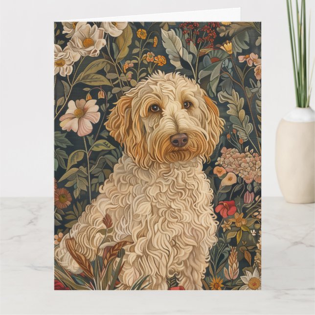 Tarjeta De Agradecimiento Goldendoodle William Morris Style Floral Gracias (Anverso)