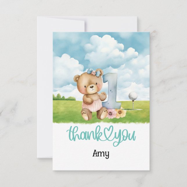 Tarjeta De Agradecimiento Golf 1er cumpleaños Teddy Bear golfista en campo d (Anverso)