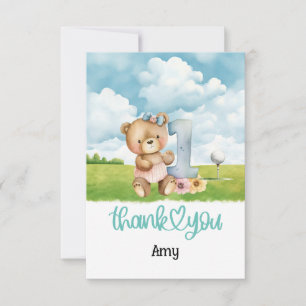 Tarjeta De Agradecimiento Golf 1er cumpleaños Teddy Bear golfista en campo d
