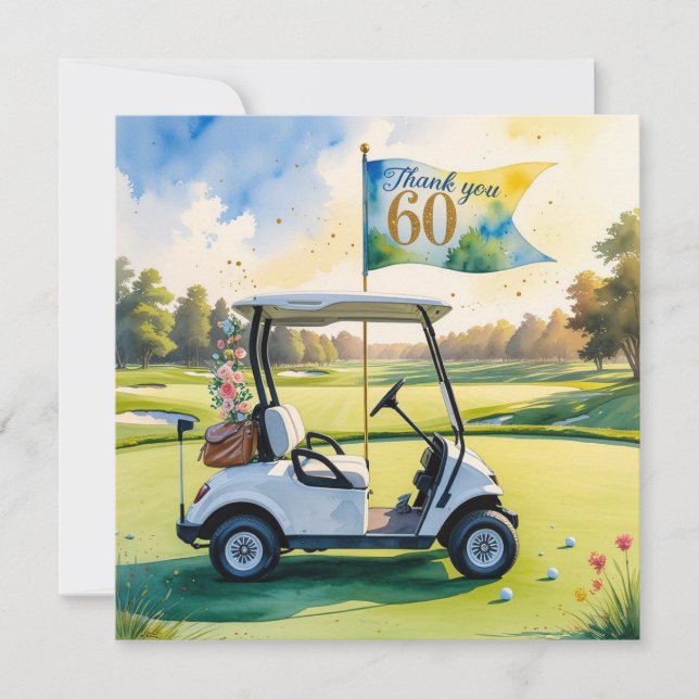 Tarjeta De Agradecimiento Golf 60 cumpleaños con carrito de golf en verde (Anverso)