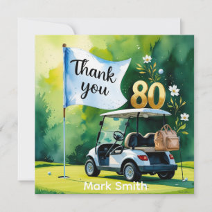 Tarjeta De Agradecimiento Golf 80 cumpleaños con carrito de golf en verde