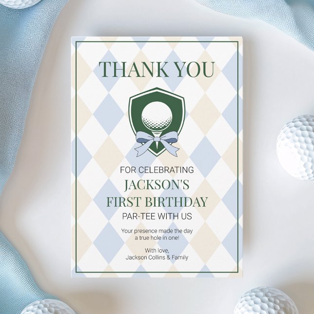 Tarjeta De Agradecimiento Golf Azul Moderno Agujero en Uno Niño Cumpleaños 1 (Blue Golf Modern Hole In One Boys 1st Birthday Thank You Card)