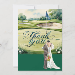 Tarjeta De Agradecimiento Golf Golfer Bride y Groom Golf Course acuarela