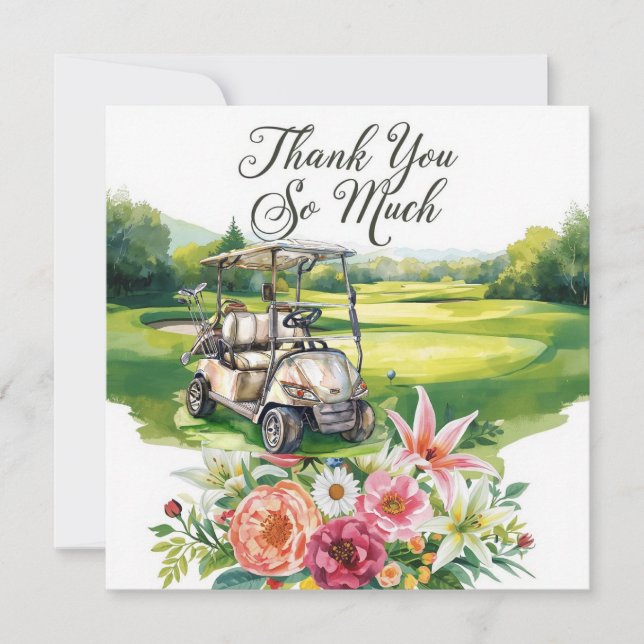 Tarjeta De Agradecimiento Golf gracias texto para golfista con flores (Anverso)
