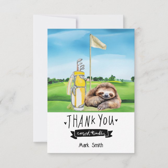 Tarjeta De Agradecimiento Golf Sloth Golfer sobre hierba verde (Anverso)