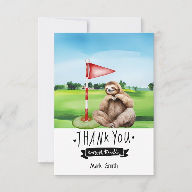 Tarjeta De Agradecimiento Golf Sloth Golfer sobre hierba verde (Anverso)