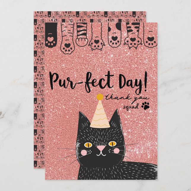 Tarjeta De Agradecimiento Gorra de cumpleaños de gato negro Día de la Purpur (Anverso / Reverso)