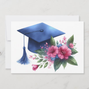 Tarjeta De Agradecimiento Gorra de graduación azul femenina y flores rosas
