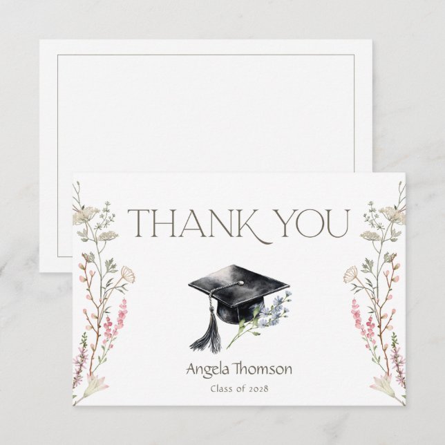 Tarjeta De Agradecimiento Gorrito de Graduación Simple Flores Silvestres Gra (Anverso / Reverso)