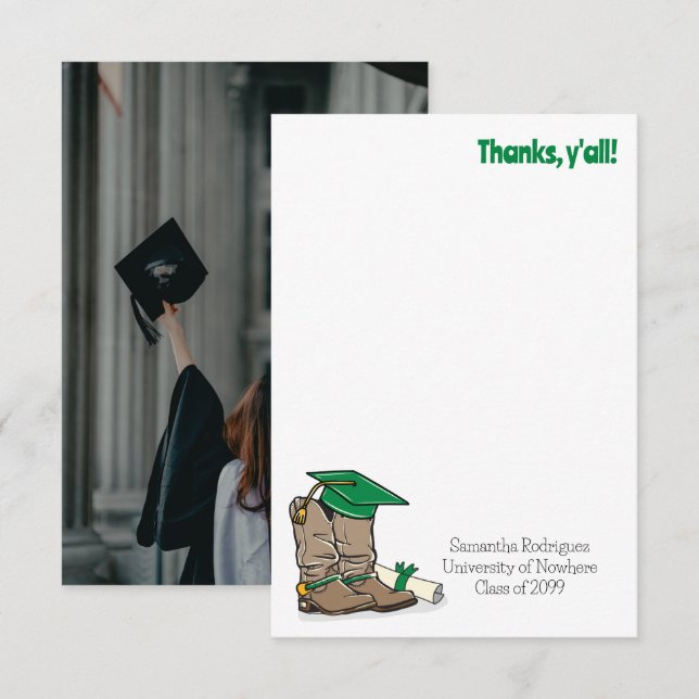 Tarjeta De Agradecimiento Gorro de graduación verde y bota de vaquero