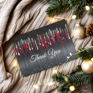Tarjeta De Agradecimiento Gotas brillantes plateadas negras y rojas chic