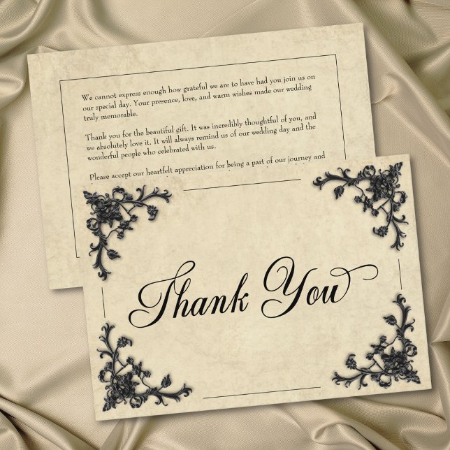 Tarjeta De Agradecimiento Gothic Black Tan Parchment Filigree Heart Wedding (Gothic Black Tan Parchment Filigree Heart Wedding Thank You Card)